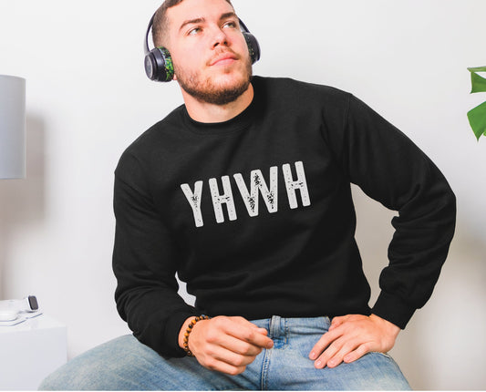 YHWH Hebrew Biblical Name of God Yahweh Christian aesthetic distressed design printed in white on cozy black unisex crewneck sweatshirt for men