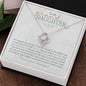 Love Knot Necklace Gift for Granddaughter in white gold with heart-felt message card that says you are braver, stronger, smarter, and more loved than you know, believe in yourself as I believe in you, in jewelry gift box