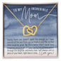 Interlocking hearts 18K gold necklace gift for Mom with navy blue and pink watercolor message card that says "To My Incredible Mom", perfect present for Mother's Day, in jewelry gift box