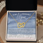 Interlocking hearts 18K gold necklace gift for Mom with navy blue and pink watercolor message card that says "To My Incredible Mom", perfect present for Mother's Day, in jewelry gift box
