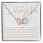 To Our Daughter necklace gift, 2 interlocking hearts necklace in rose gold and surgical steel with personalized heartfelt message card from mom and dad, with jewelry gift box