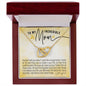 Two gold interlocking hearts necklace gift for Mom with heart-felt message card that says thank you that I can always count on you, I carry your heart in mine, never forget I love you, perfect for Mother's Day with luxury LED light jewelry gift box