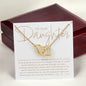 To Our Daughter necklace gift, 2 interlocking hearts gold necklace with personalized heartfelt message card from mom and dad, with luxury mahogany LED light jewelry gift box