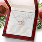 To Our Daughter necklace gift, 2 interlocking hearts necklace in rose gold and surgical steel silver with personalized heartfelt message card from mom and dad, with luxury mahogany LED light jewelry gift box