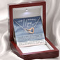 Interlocking hearts rose and white gold necklace gift for Mom with navy blue and pink watercolor message card that says "To My Incredible Mom", perfect present for Mother's Day, in luxury LED light jewelry gift box