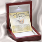 Two rose gold and silver interlocking hearts necklace gift for Mom with heart-felt message card that says thank you that I can always count on you, I carry your heart in mine, never forget I love you, perfect for Mother's Day in luxury LED light jewelry gift box