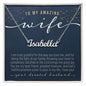 To My Amazing Wife Personalized Name Necklace in polished stainless steel silver on navy blue and gold Christian God love quote message card from your devoted husband