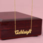 To My Amazing Wife Personalized Name Necklace in 18K yellow gold on navy blue and gold Christian God love quote message card from your devoted husband in upgraded mahogany jewelry box