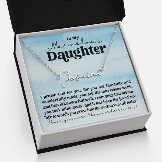 Stainless steel silver personalized minimalist name necklace gift for her that says To My Marvelous Daughter Psalm 139:14 bible verse watercolor sky blue message card insert in gift box