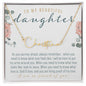 Personalized Gold Script Name Necklace in included gift box laying on top of printed message card that reads: To my beautiful daughter I am so proud of you with Christian "what love is" message