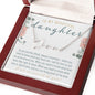 Personalized Stainless Steel Silver Name Necklace in upgraded mahogany lighted gift box laying on top of printed message card that reads: To my beautiful daughter I am so proud of you with Christian love message