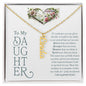 Personalized Vertical Name Necklace Gift for Daughter in gold finish with floral heart and message card Braver than you believe, Stronger than you seem, smarter than you think, loved more than you know, in jewelry gift box