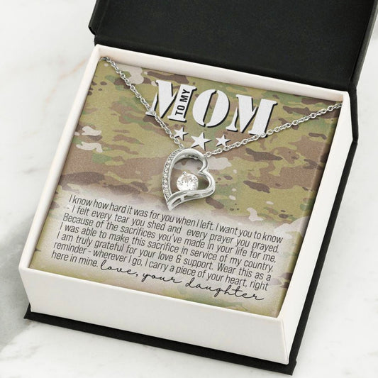 Forever Love white gold silver cubic zirconia heart pendant necklace gift for military Mom with jewelry camo message card, To My Mom From Your Son, for Mother's Day, Birthday or holiday present, gift box included