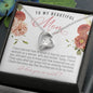 Forever Love White Gold Heart Necklace Gift for Mom with a floral Christian God quote message card that says To My Beautiful Mom, perfect for Mother's Day, in jewelry gift box