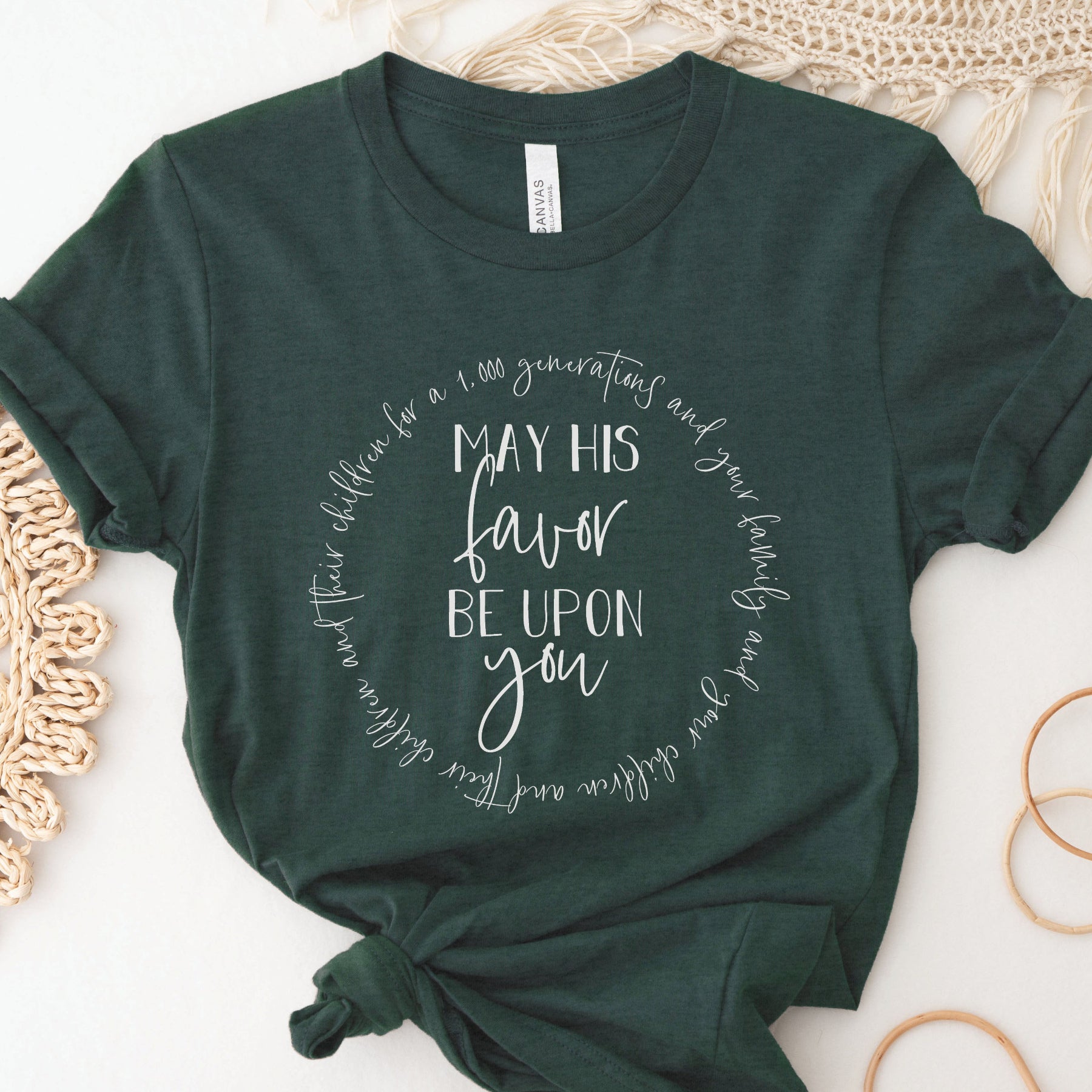 May His Favor Be Upon family & children Numbers 6 The Blessing Christian aesthetic circle design printed in white on soft forest green t-shirt for women