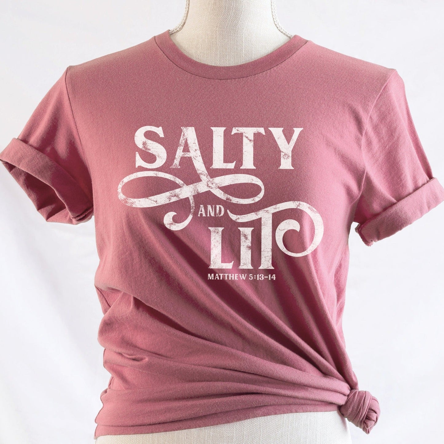 Salty And Lit Matthew 5:13-14 bible verse funny Christian T-Shirt design printed on soft mauve tee for women