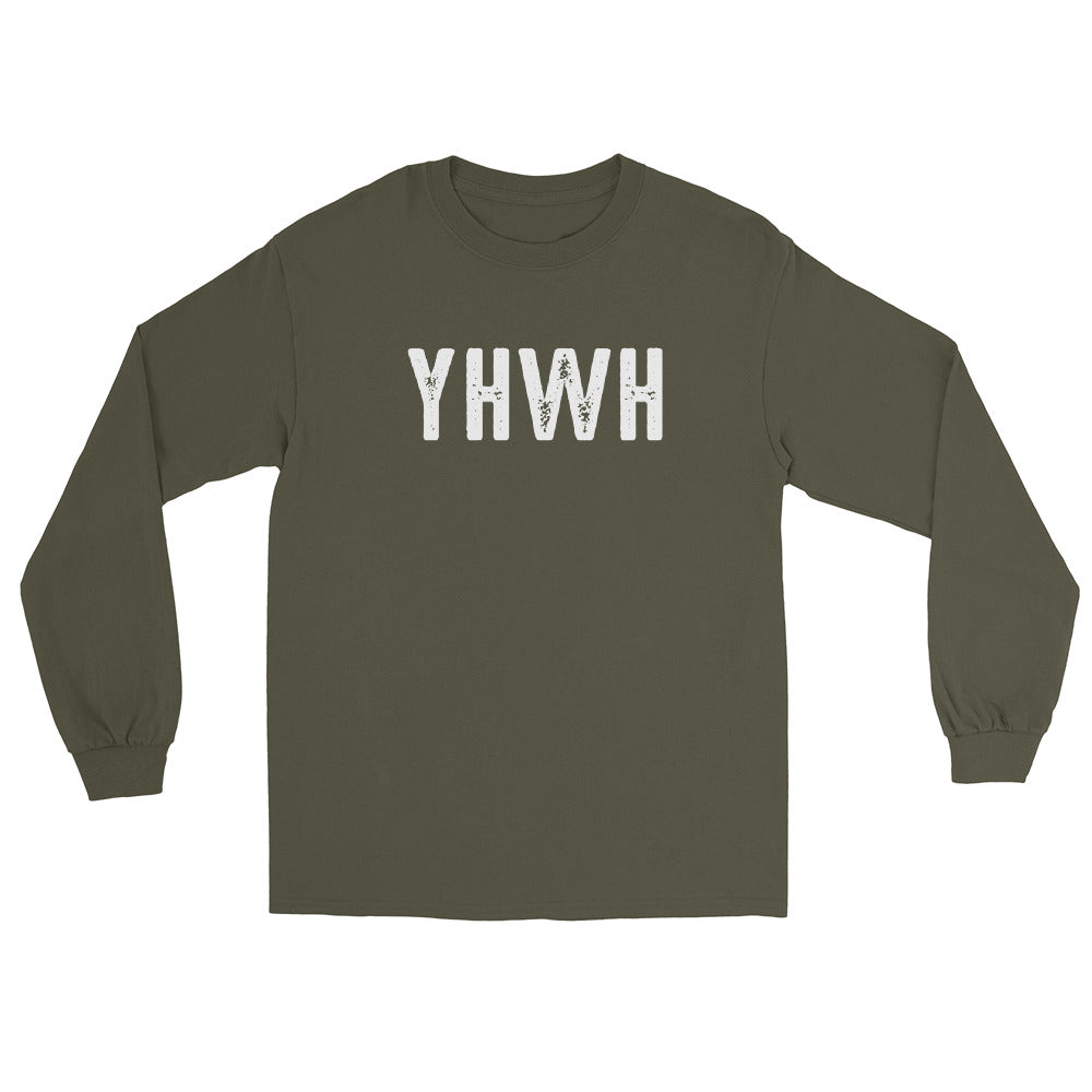 YHWH Hebrew Biblical Name of God Yahweh Christian aesthetic design printed in white distressed lettering on soft military green long sleeve tee for men and women