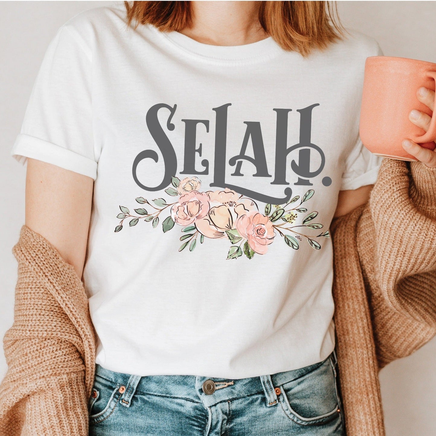 Selah Psalm bible verse watercolor floral Christian aesthetic design printed in charcoal gray, peach, blush pink, on soft white t-shirt for women