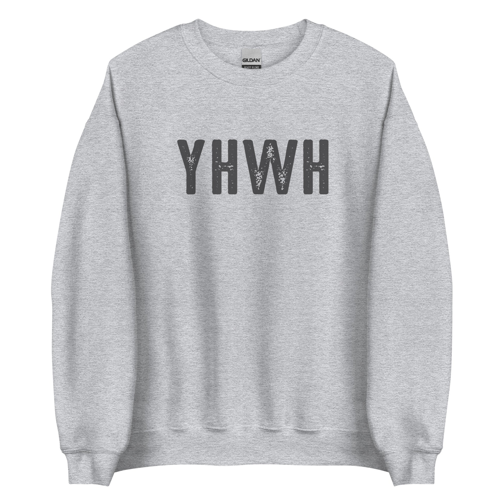 YHWH Hebrew Biblical Name of God Yahweh Christian aesthetic design printed in charcoal on soft heather gray unisex crewneck sweatshirt for men and women