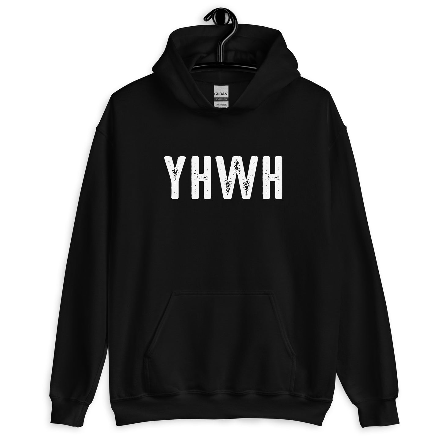 YHWH Hebrew Biblical Name of God Yahweh Christian aesthetic distressed design printed in white on cozy black unisex hoodie sweatshirt for men and women
