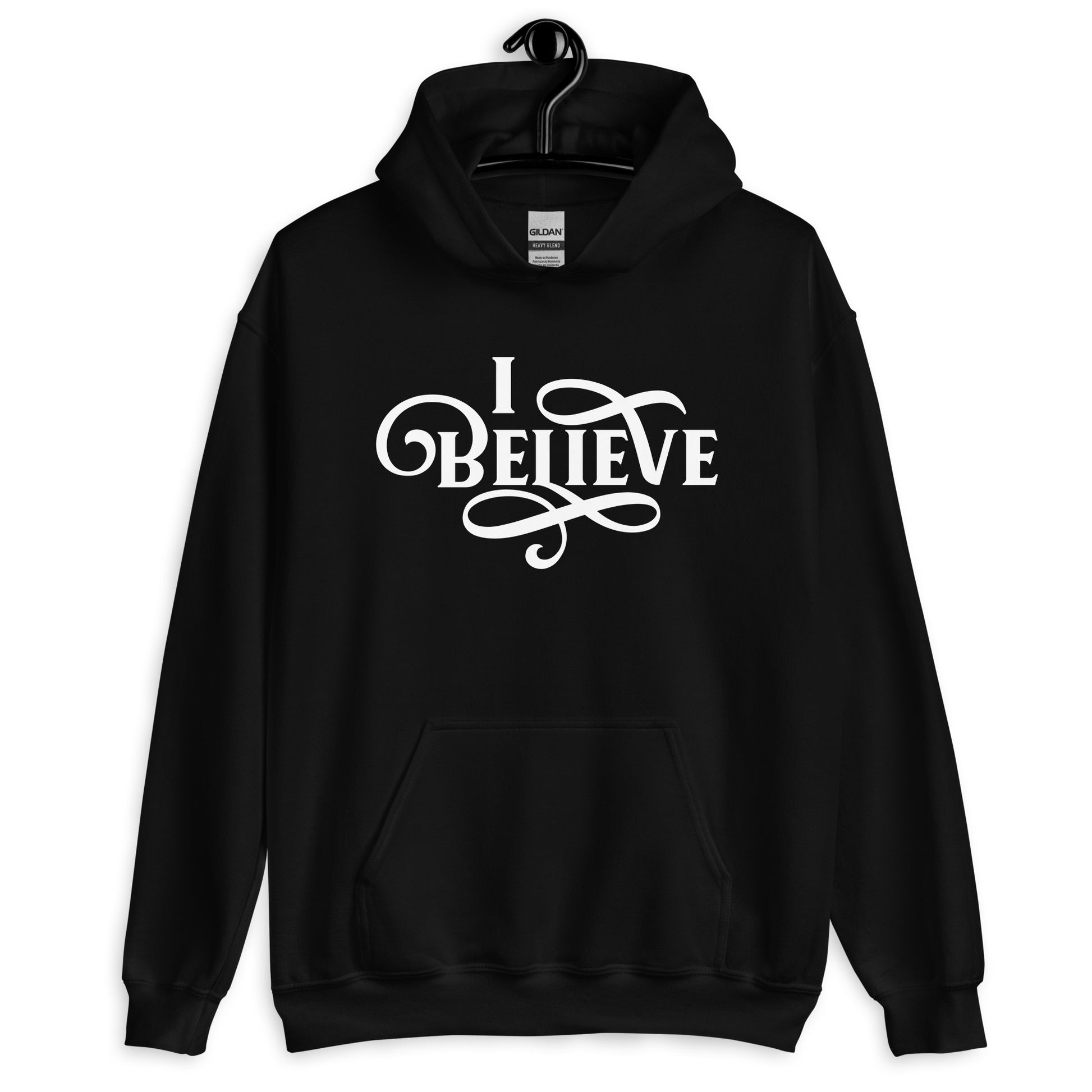 I Believe Swirl Christian aesthetic Jesus believer design printed in white on soft black unisex hoodie sweatshirt for women, great gift for her