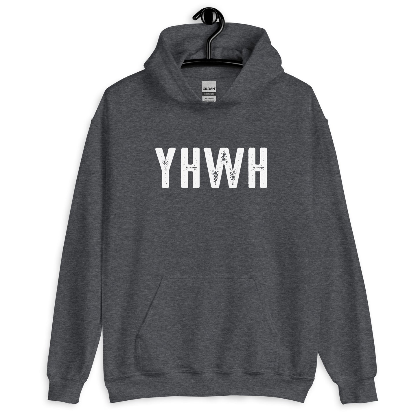 YHWH Hebrew Biblical Name of God Yahweh Christian aesthetic distressed design printed in white on cozy heather dark gray unisex hoodie sweatshirt for men and women
