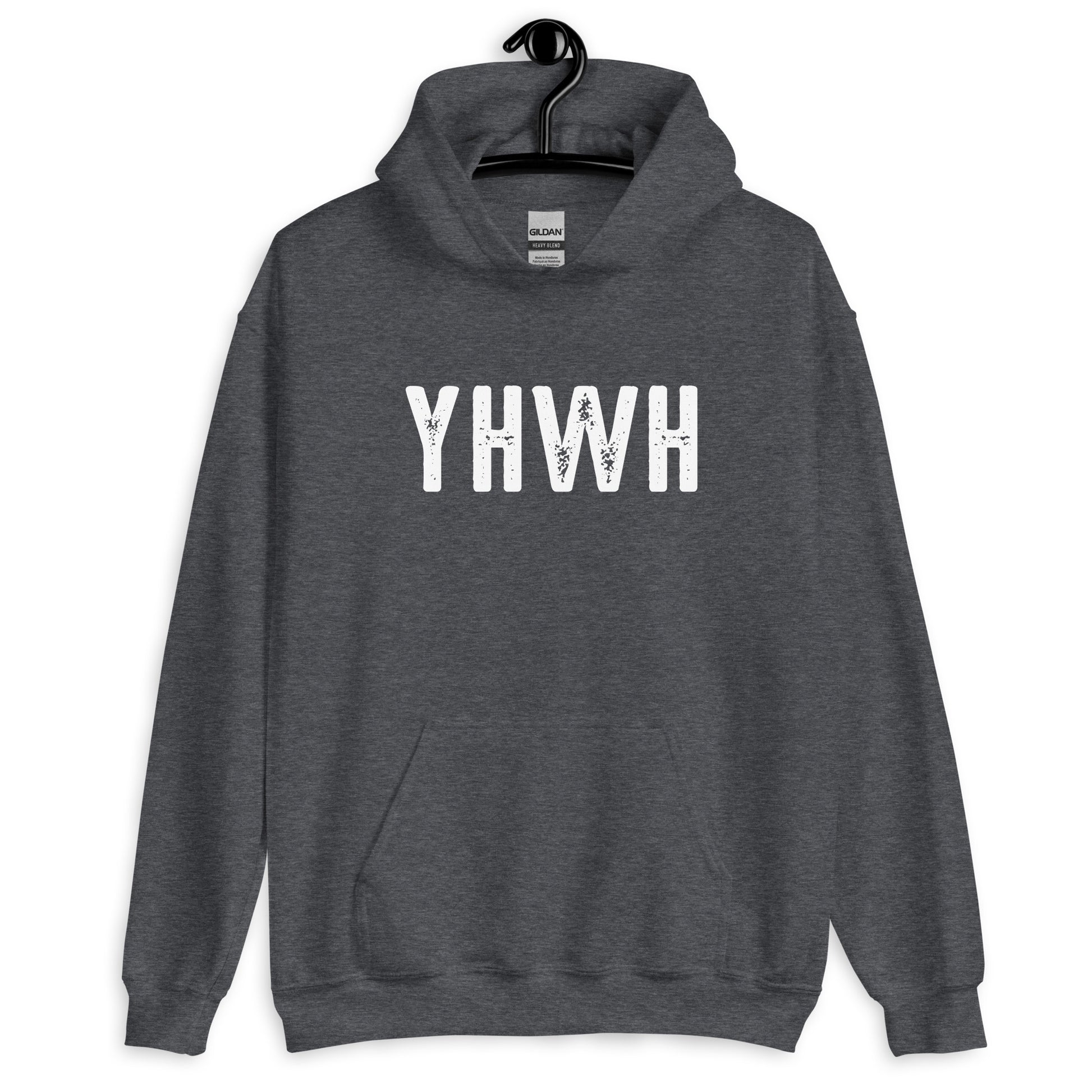 YHWH Hebrew Biblical Name of God Yahweh Christian aesthetic distressed design printed in white on cozy heather dark gray unisex hoodie sweatshirt for men and women