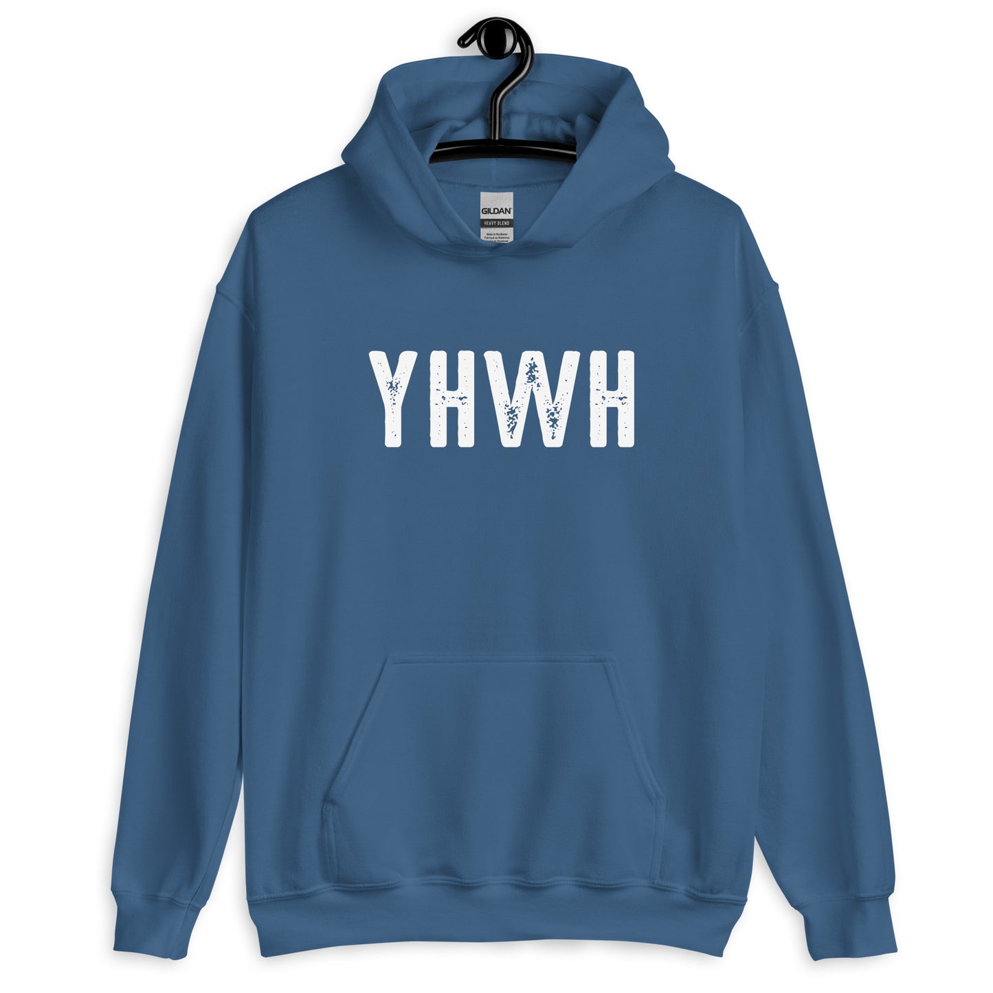YHWH Hebrew Biblical Name of God Yahweh Christian aesthetic distressed design printed in white on cozy indigo blue unisex hoodie sweatshirt for men and women