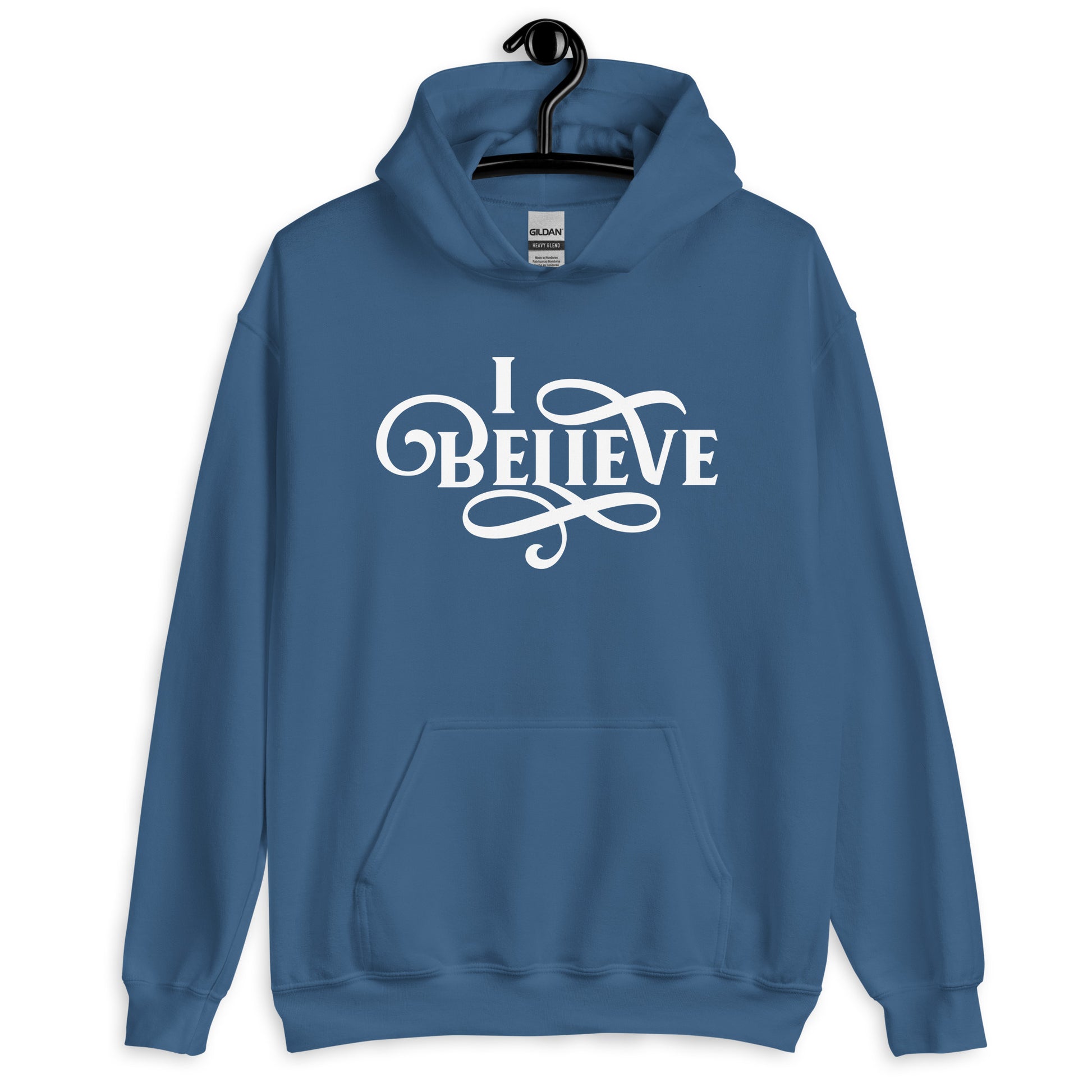 I Believe Swirl Christian aesthetic Jesus believer design printed in white on soft indigo blue unisex hoodie sweatshirt for women, great gift for her