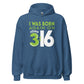 Indigo blue Unisex Cozy Hoodie with Christian aesthetic bible verse message that says, "I Was Born Again On John 3:16" bible verse quote in lime green and white for men and women