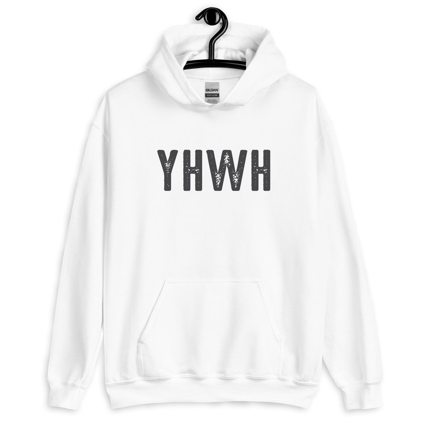 YHWH Hebrew Biblical Name of God Yahweh Christian aesthetic distressed design printed in charcoal gray on cozy white unisex hoodie sweatshirt for men and women