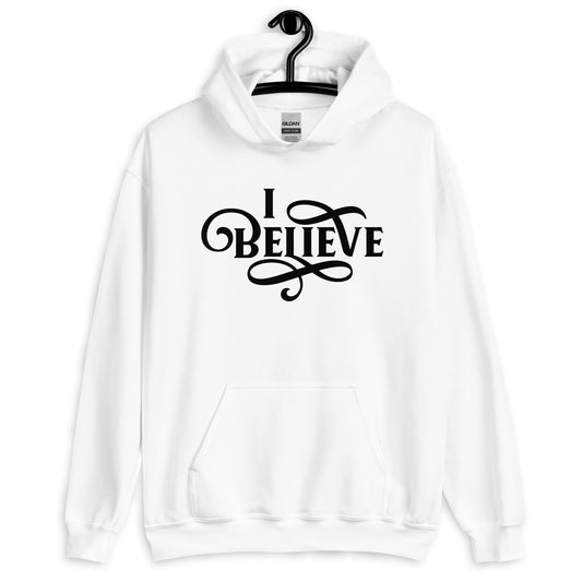 I Believe Swirl Christian aesthetic Jesus believer design printed in black on soft white unisex hoodie sweatshirt for women, great gift for her