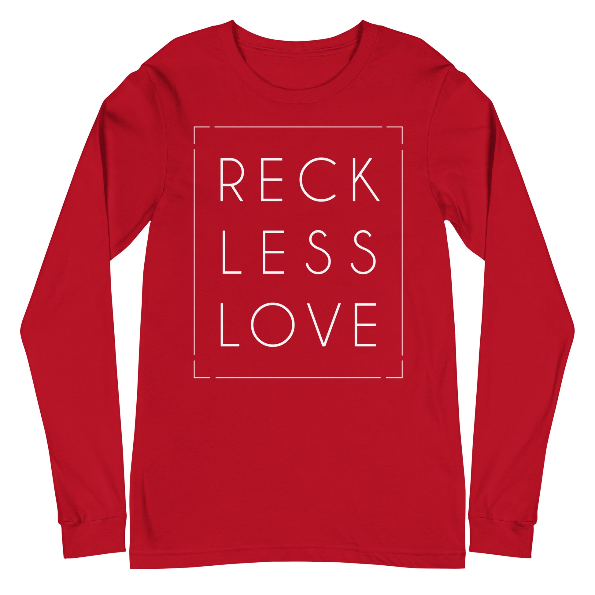 Rectangle Reckless Love Christian aesthetic worship design printed in white on cozy blood red unisex long sleeve tee shirt for men and women
