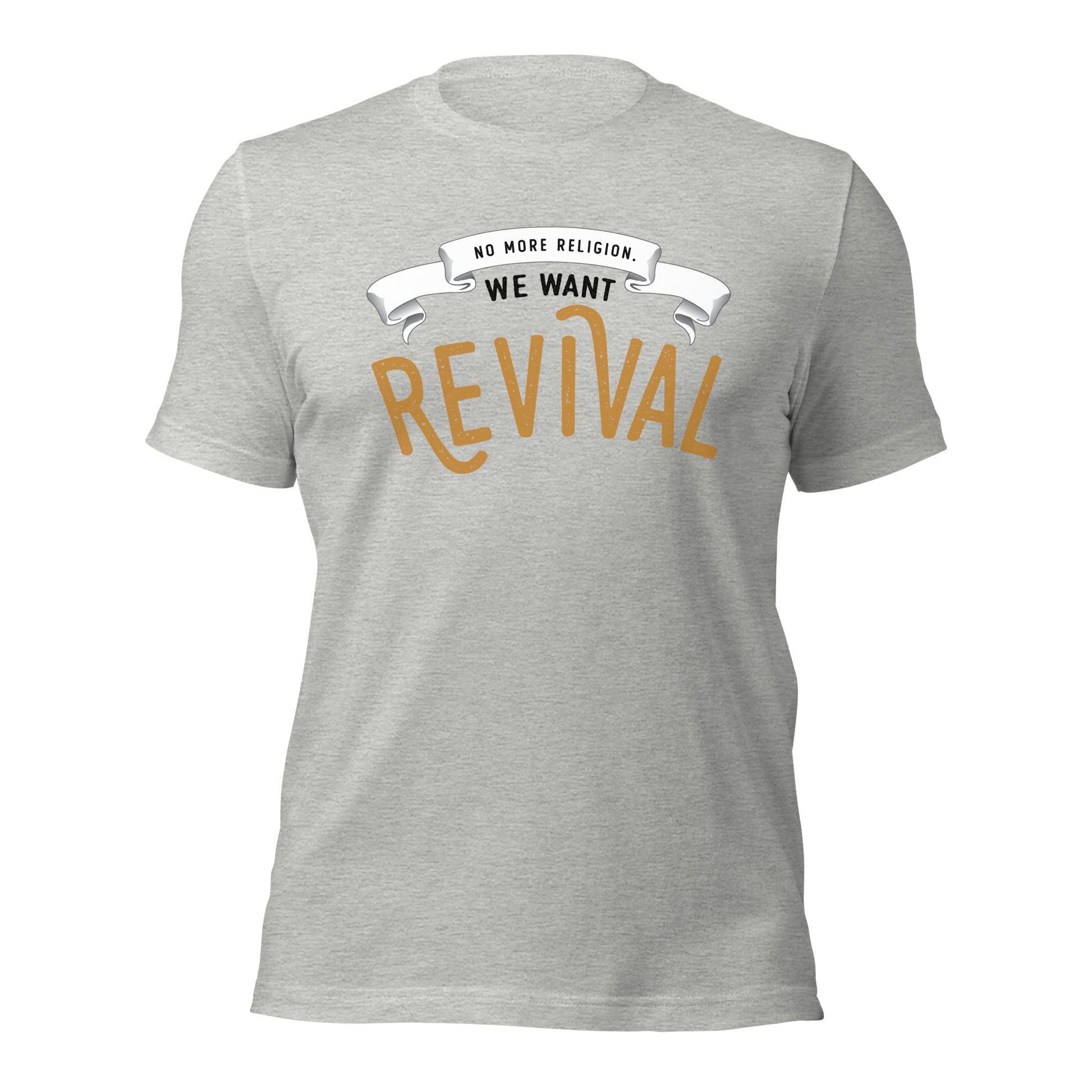 Athletic Heather Gray Christian aesthetic soft Unisex T-shirt that says, No More Religion We Want Revival printed in gold and black, church gift Jesus graphic tees designed for men and women