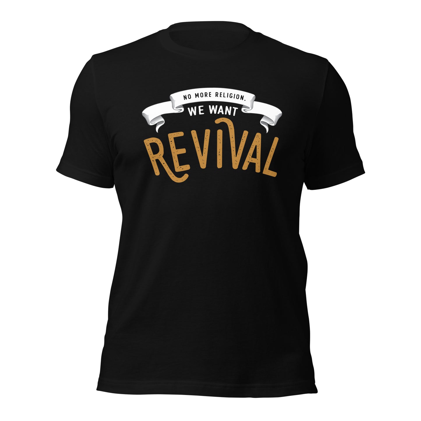 Black Jesus Christian aesthetic soft Unisex T-shirt that says, No More Religion We Want Revival printed in gold and white, church gift graphic tees designed for men and women