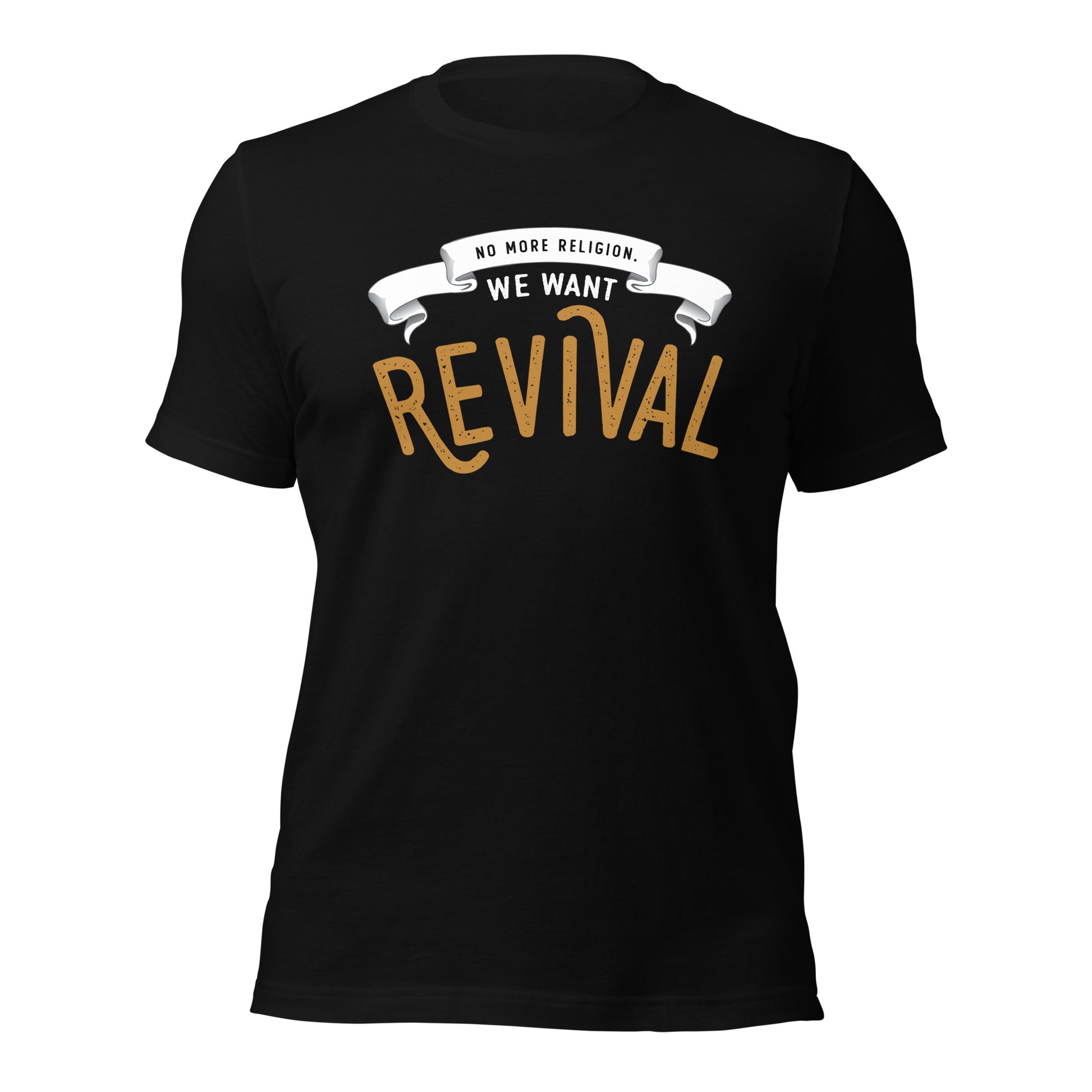 Black Jesus Christian aesthetic soft Unisex T-shirt that says, No More Religion We Want Revival printed in gold and white, church gift graphic tees designed for men and women