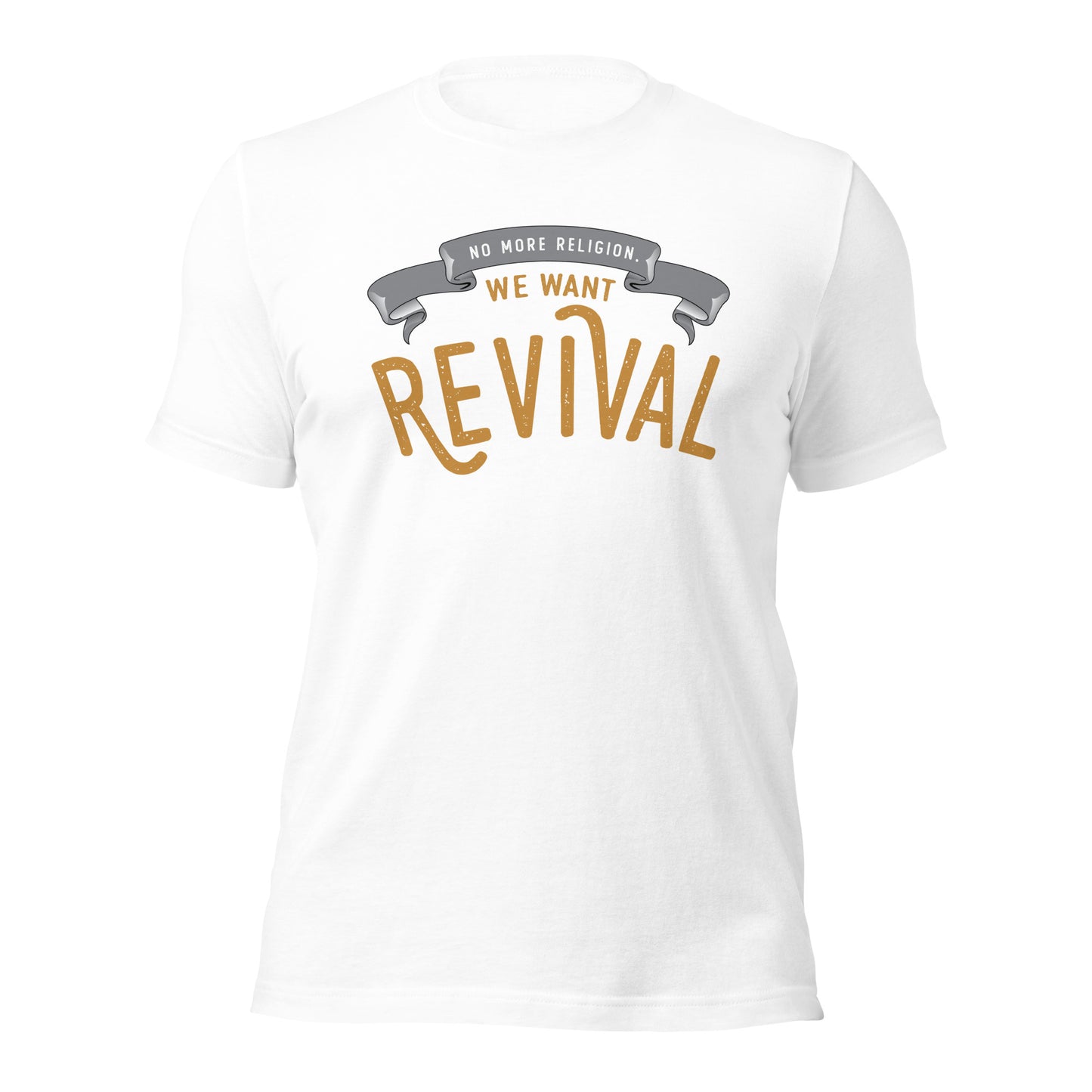 White Christian aesthetic soft Unisex T-shirt that says, No More Religion We Want Revival printed in gold and black, church gift Jesus graphic tees designed for men and women
