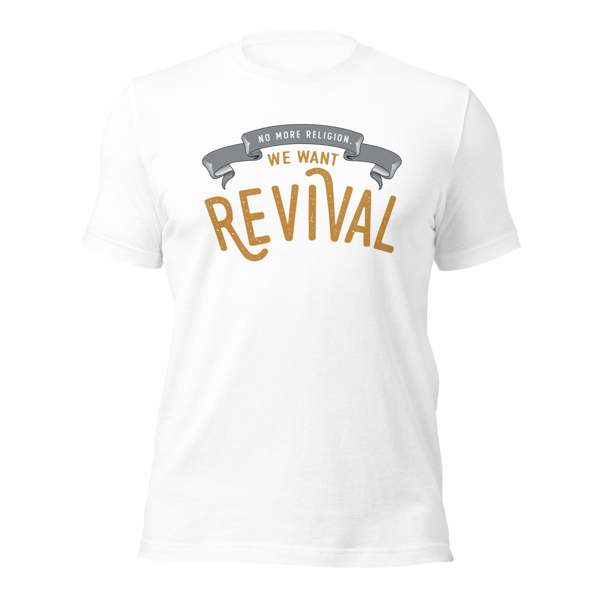 White Christian aesthetic soft Unisex T-shirt that says, No More Religion We Want Revival printed in gold and black, church gift Jesus graphic tees designed for men and women