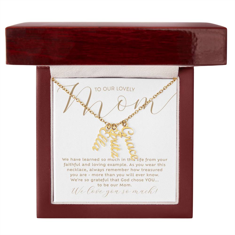 Personalized 3 multi-kid's names gold necklace with heartfelt Christian faith-based message card insert in a luxury mahogany wood-like LED light gift box - the perfect Christmas gift / holiday / birthday / Mother's Day gift for your mom from children of any age!