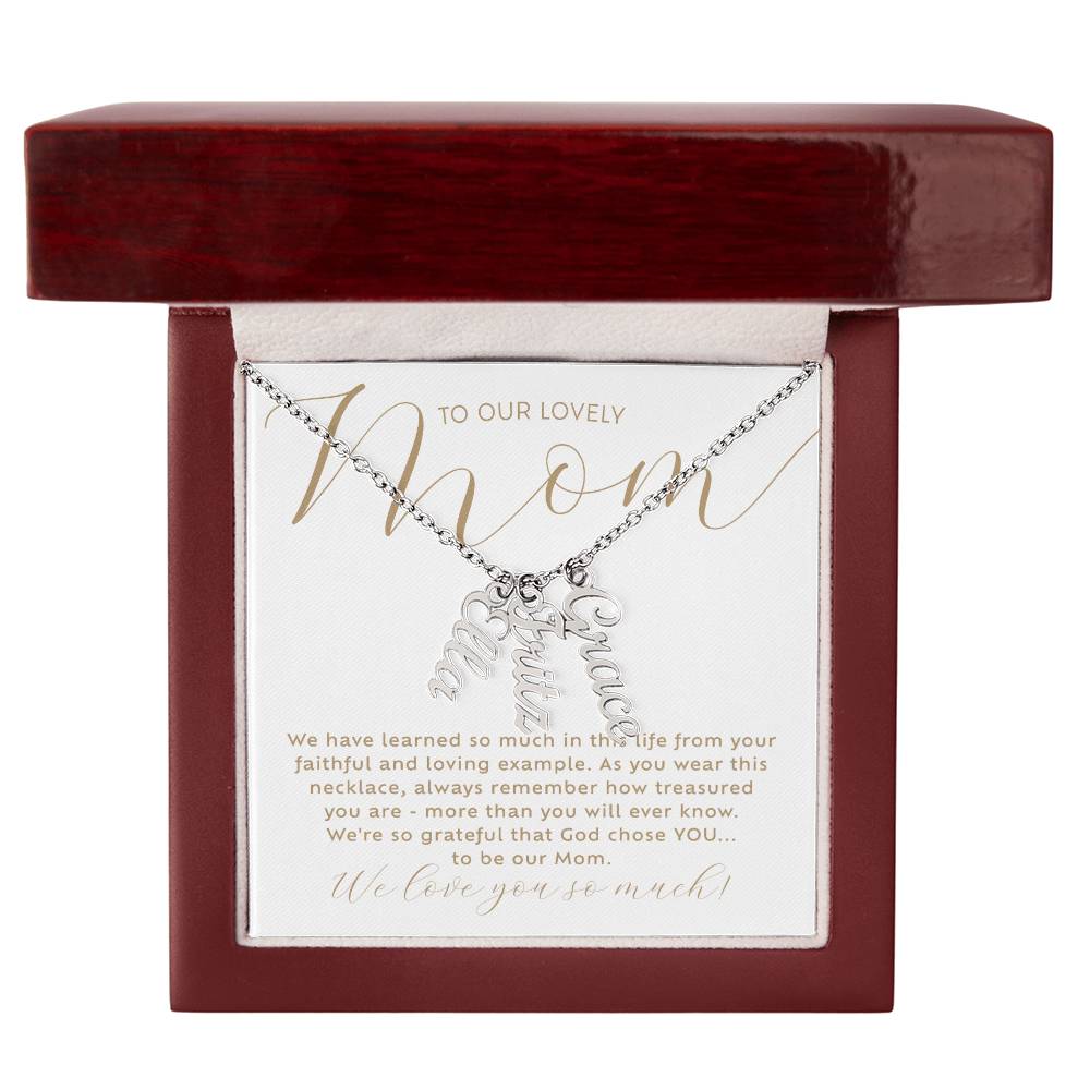 Personalized 3 multi-kid's names polished stainless steel silver necklace with heartfelt Christian faith-based message card insert in a luxury mahogany wood-like LED light gift box - the perfect Christmas gift / holiday / birthday / Mother's Day gift for your mom from children of any age!  