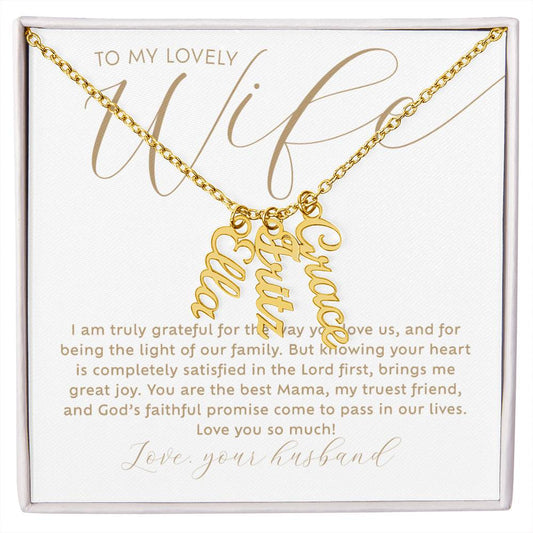 To my lovely Wife personalized 3 multi-kids name 18k gold necklace with heartfelt Christian faith-based message card insert and gift box - the perfect Christmas gift / holiday / birthday / Mother's Day gift for gift for wife from husband