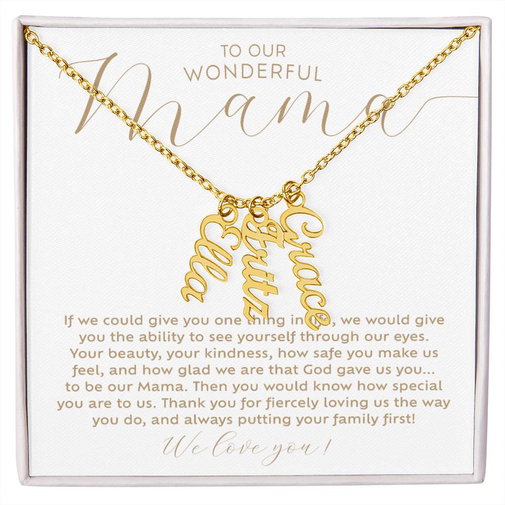 Personalized 3 multi-kids name 18k yellow gold necklace with heartfelt Christian faith-based message card insert and gift box - the perfect Christmas gift / holiday / birthday / Mother's Day gift for your mom from children of any age! 