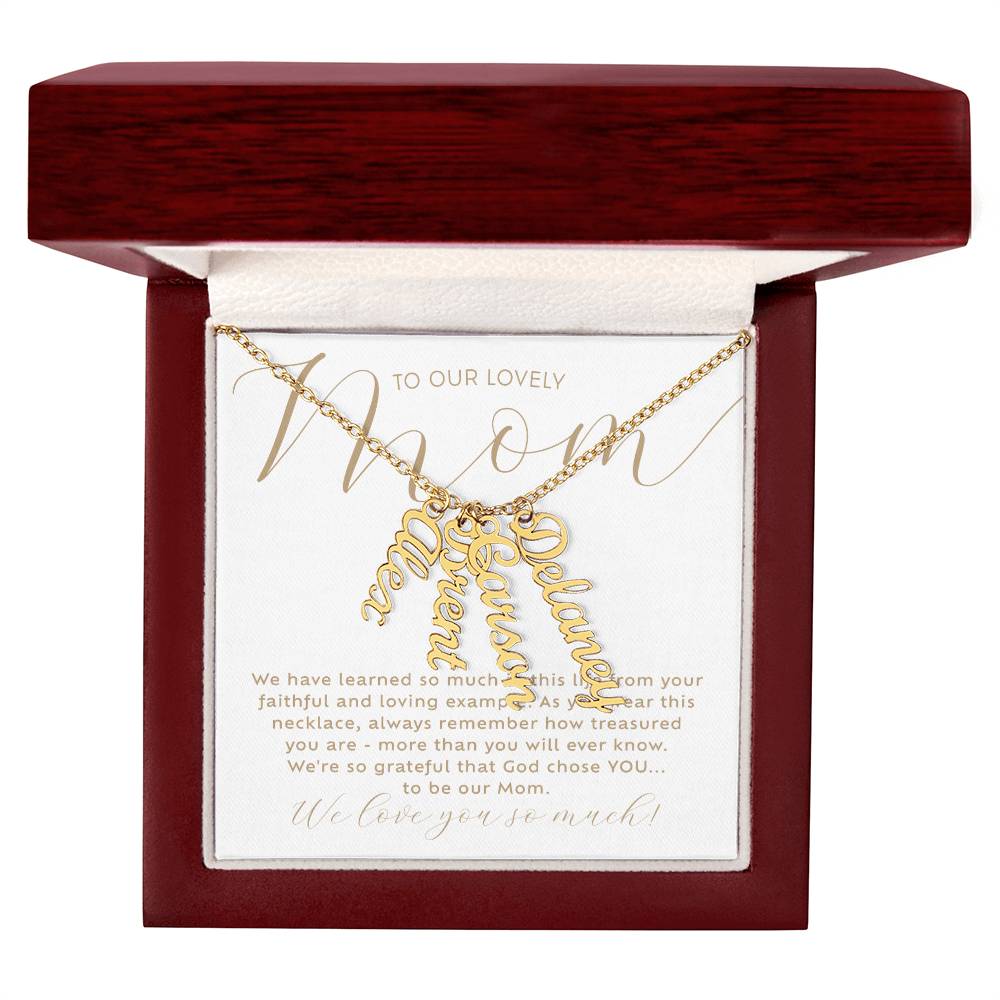 Personalized 4 multi-kid's names gold necklace with heartfelt Christian faith-based message card insert in a luxury mahogany wood-like LED light gift box - the perfect Christmas gift / holiday / birthday / Mother's Day gift for your mom from children of any age!