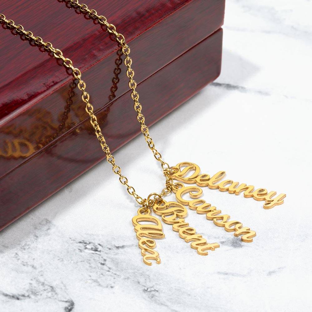 Personalized 4 multi-kid's names gold necklace with heartfelt Christian faith-based message card insert in a luxury mahogany wood-like LED light gift box - the perfect Christmas gift / holiday / birthday / Mother's Day gift for your mom from children of any age!