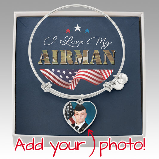 I Love My Airman Air Force Photo Heart Bracelet Personalized Gift with USA Flag Charms with printed message card / camo and American Flag red white and blue patriotic military stars / gift for AF Wing Mom Wife Sister Grandma Girlfriend / BMT Basic Training Graduation Gift