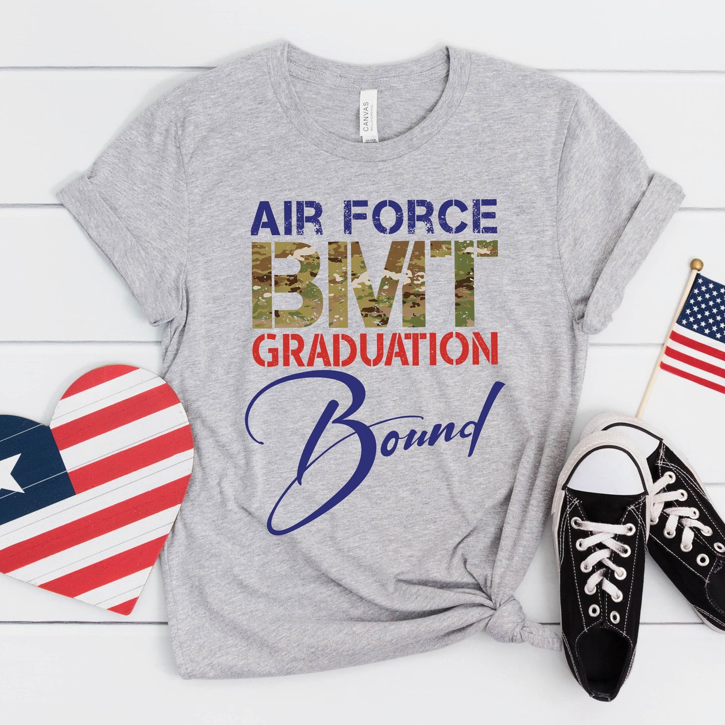 Heather Gray Air Force BMT Graduation Bound t-shirt with patriotic camouflage pattern for basic military training graduation BMT I shop travel outfit and t-shirts for proud Air Force Mom & Dad to head to Lackland AFB in style