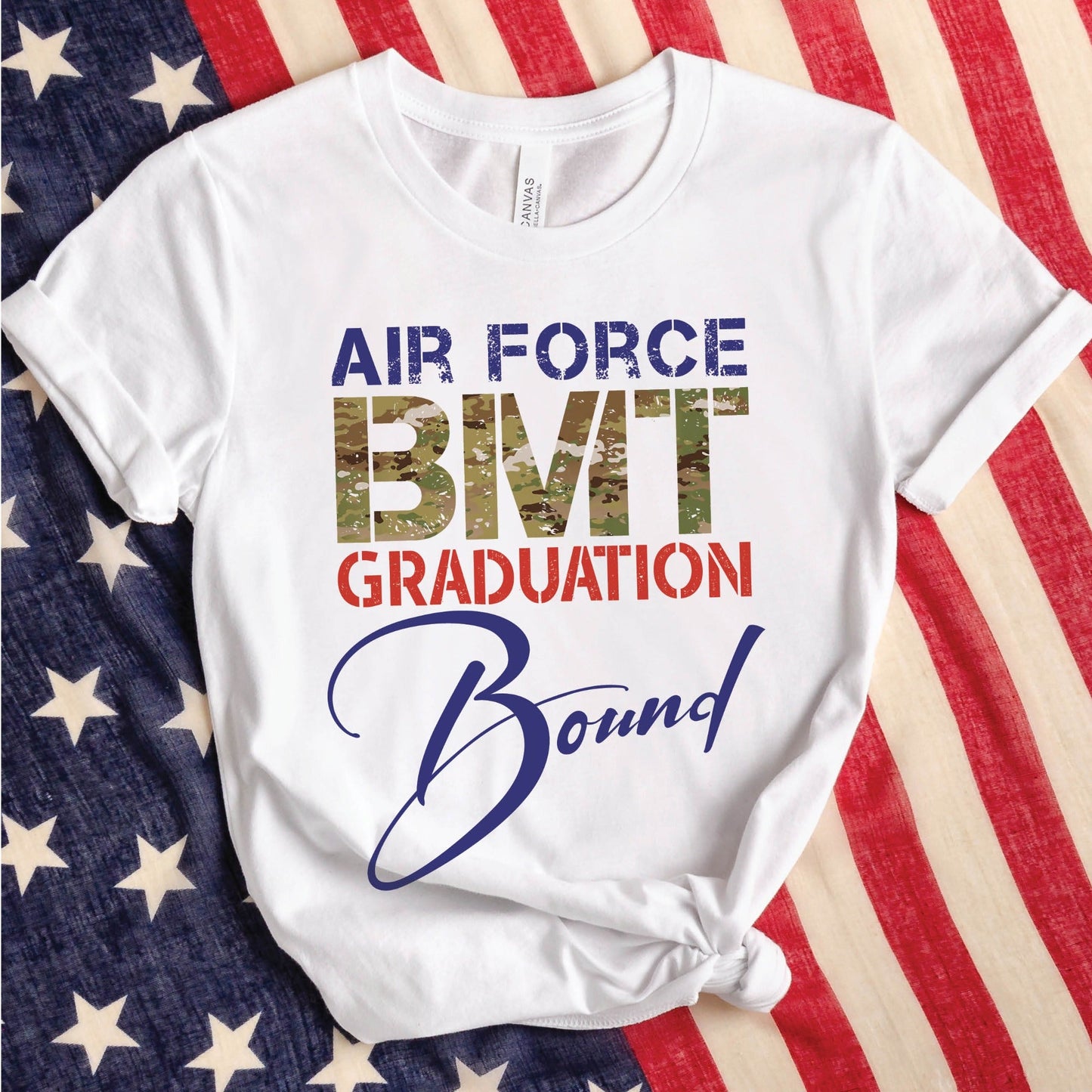 White Air Force BMT Graduation Bound t-shirt with patriotic camouflage pattern for basic military training graduation BMT I shop travel outfit and t-shirts for proud Air Force Mom & Dad to head to Lackland AFB in style