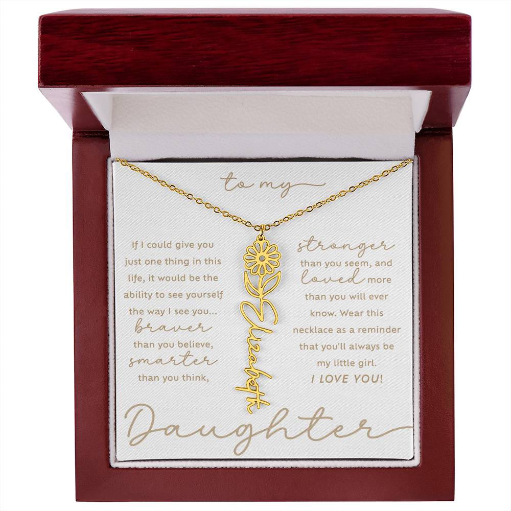 To My Daughter i love you message card April daisy birth month flower custom script name necklace in 18k gold - luxury LED light gift box - perfect Christmas or birthday gift for your lovely daughter