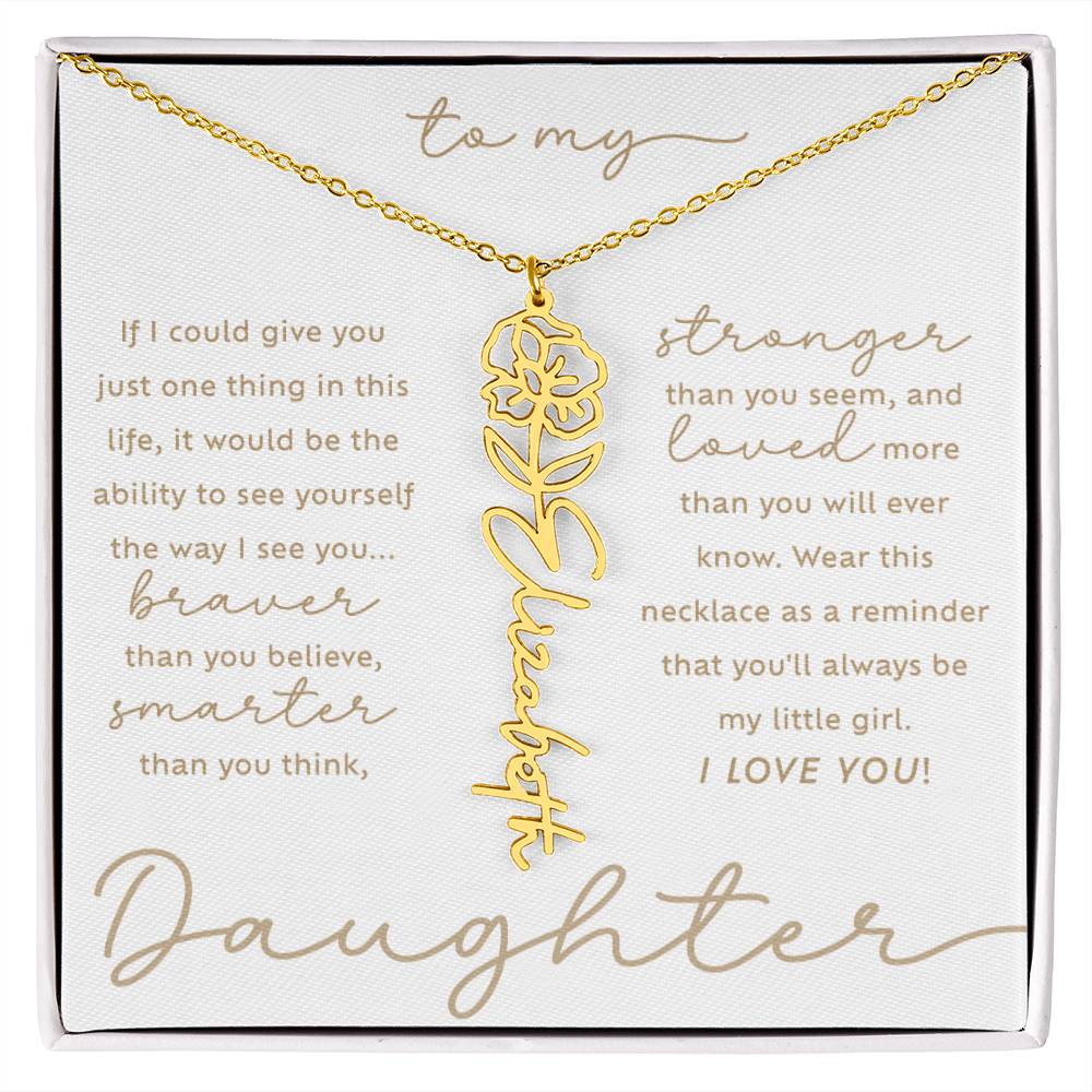 To My Daughter i love you message card August poppy birth month flower script custom name 18k gold necklace in a standard two-tone gift box - perfect Christmas or birthday gift