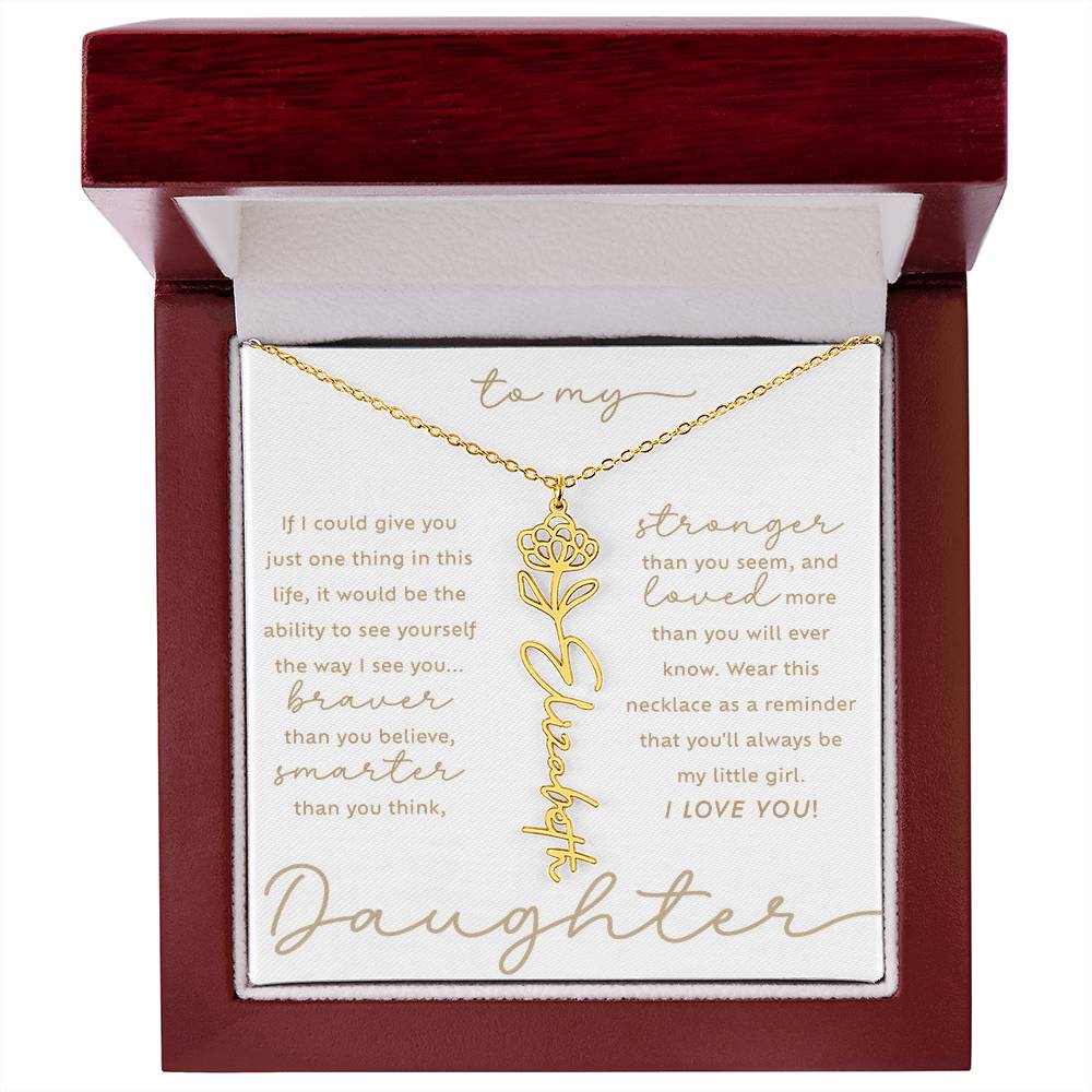 To My Daughter i love you message card August poppy birth month flower custom script name necklace in 18k gold - luxury LED light gift box - perfect Christmas or birthday gift for your lovely daughter